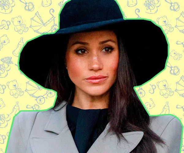Meghan Markle in a stylish outfit and wide-brimmed hat with a yellow baby-themed background.