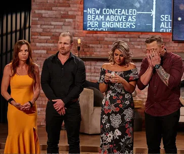 Four contestants from "House Rules" stand on a set, two looking tense and two visibly nervous.