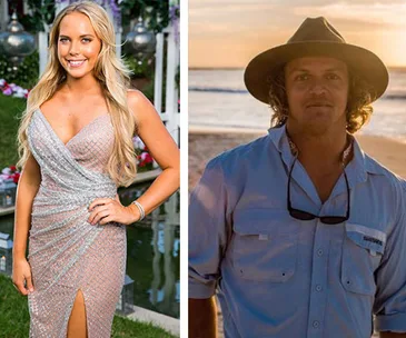 A woman in a shimmering gown poses outdoors; a man in a hat stands on a beach at sunset.