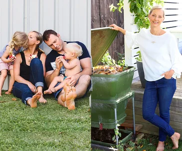 A woman with family sitting on grass; also smiling beside a compost bin outdoors, showcasing a sustainable lifestyle.