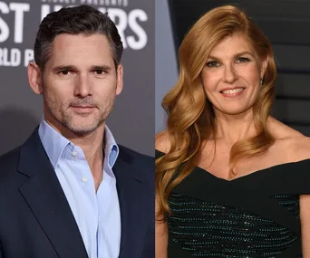 Eric Bana and Connie Britton pose at a red carpet event for "Dirty John", split image, both smiling.