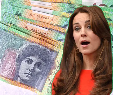 A woman with long hair in front of colorful currency notes with historical figures.