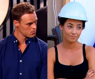 Two people from reality TV show, one in a blue shirt, the other in a black tank top with a white hard hat.