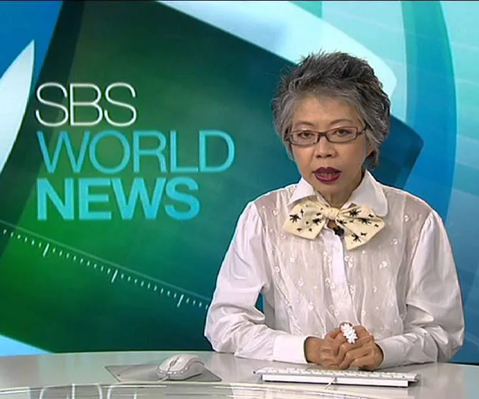 News presenter in glasses sits at a desk on the set of SBS World News with a decorative bow tie.