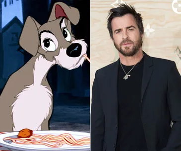 Animated Tramp from "Lady and the Tramp" eating spaghetti; Justin Theroux in a suit.