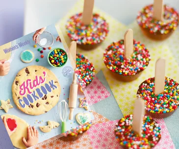 "Kids' Cookbook cover featuring a cookie and colorful sprinkles; next to sprinkled chocolate pops with sticks."