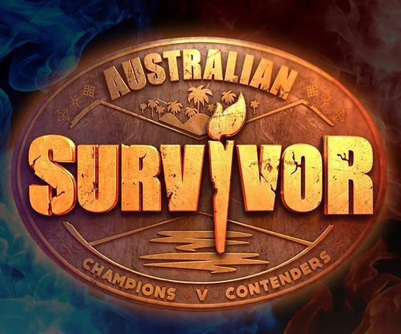 "Australian Survivor 2018 logo, Champions vs Contenders with fiery backdrop and palm trees."