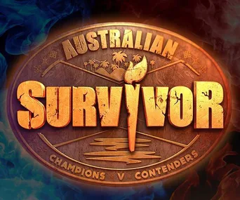 "Australian Survivor 2018 logo, Champions vs Contenders with fiery backdrop and palm trees."