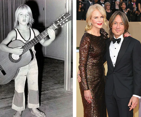 Split image: young boy with guitar on left; couple dressed formally, woman in sequined gown on right.