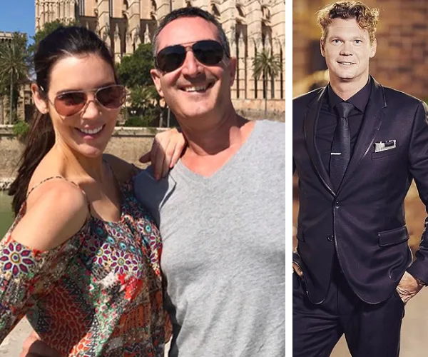 Two separate images: on the left, a couple smiling outdoors; on the right, a man in a suit stands posing confidently.