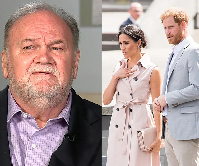 Thomas Markle on the left and a couple in formal attire on the right walking outdoors.