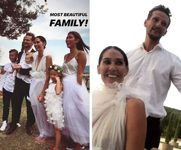 A family dressed elegantly in white poses outdoors at a wedding, with "Most Beautiful Family" text above.