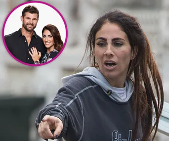 A woman in casual clothes points, inset shows a smiling couple in formal wear. Hemlines are frayed, background is blurred.