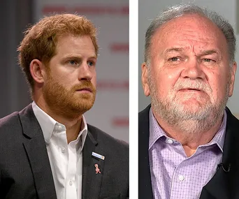 Two men with facial hair in side-by-side portraits; one with red hair in a suit, the other with gray hair in a light shirt.