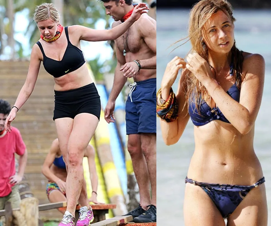 "Two women from Australian Survivor, one in a black outfit during a challenge, the other in a blue bikini on the beach."