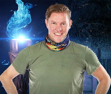 A cheerful person standing with a Survivor-themed bandana, against a backdrop of a burning torch and dark setting.