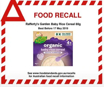 Food recall notice for Rafferty's Garden Organic Baby Rice Cereal 80g, best before 17 May 2019.