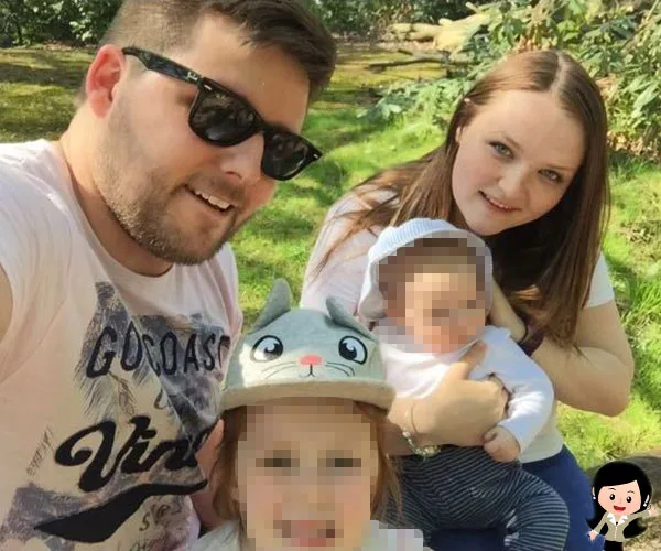 Family outdoors, man in sunglasses taking a selfie with two children and a woman holding a baby. Faces are pixelated.