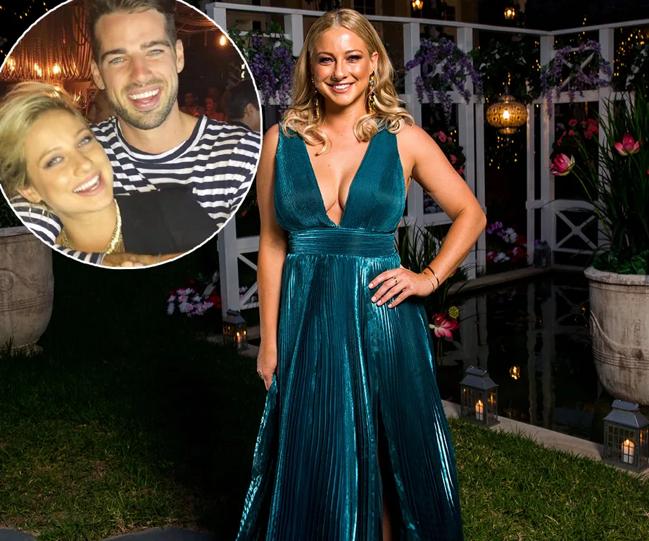 A woman in a teal dress stands in a garden setting; inset shows her smiling with another person in a casual setting.