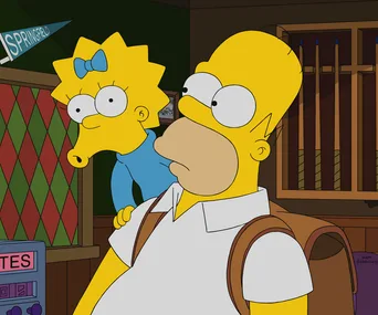 Homer and Maggie Simpson in a room, with Homer carrying a backpack and Maggie looking over his shoulder.
