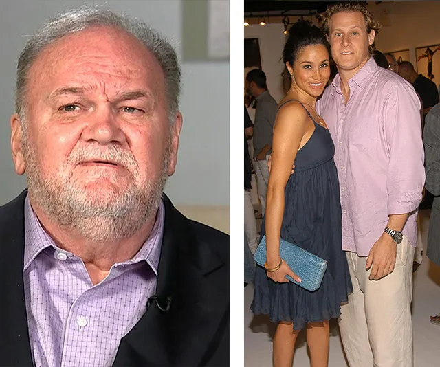 Thomas Markle on left; Meghan Markle with a man on right, dressed in casual attire at an event.