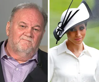 Two-panel image: a man in a purple shirt on the left, and a woman in a white outfit with a black-and-white hat on the right.