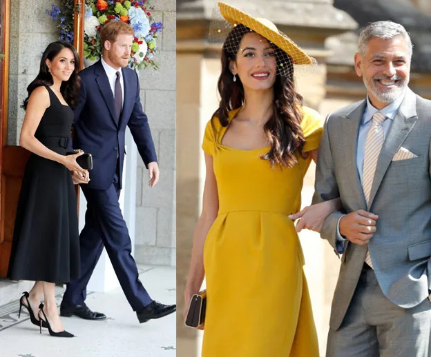 Couples dressed elegantly for an event; woman in black dress, man in suit, another woman in yellow dress with hat, man in gray suit.