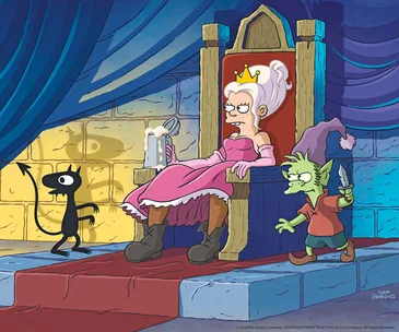 Princess Bean sits on a throne with a mug, accompanied by her demon Luci and an elf, in a medieval setting.
