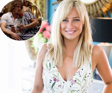 A smiling woman in a floral dress with a circle inset of a couple with wine and roses.