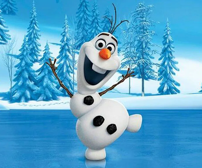 Olaf the snowman from Disney's "Frozen," joyfully standing on ice with snowy trees in the background.