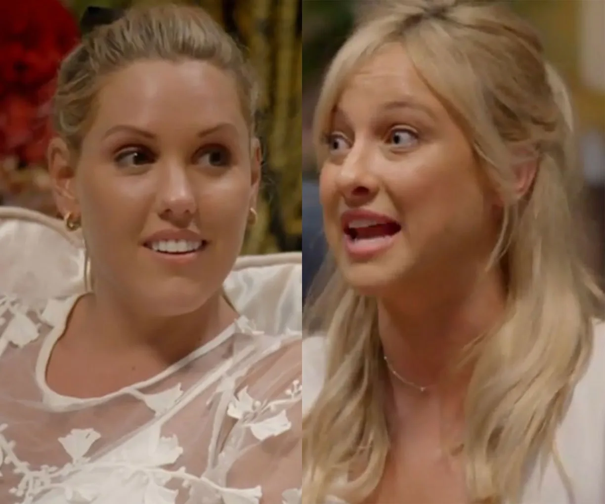 Two women from "The Bachelor Australia" 2018 appear in a heated discussion, showing contrasting expressions.