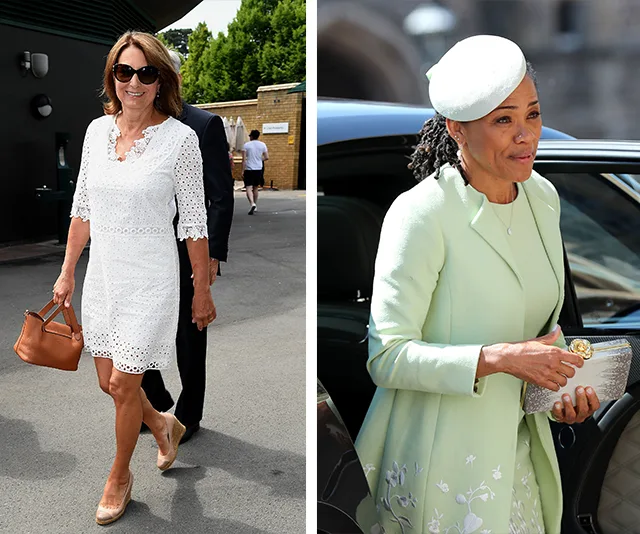 Carole Middleton in a white dress and Doria Ragland in a pastel green outfit with a hat, both smiling outdoors.
