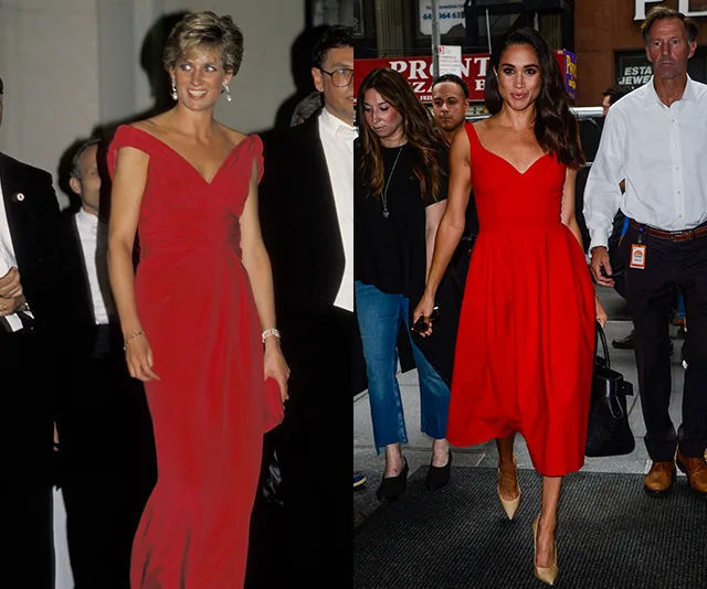 Princess Diana and Meghan Markle both wearing elegant red dresses at separate events.