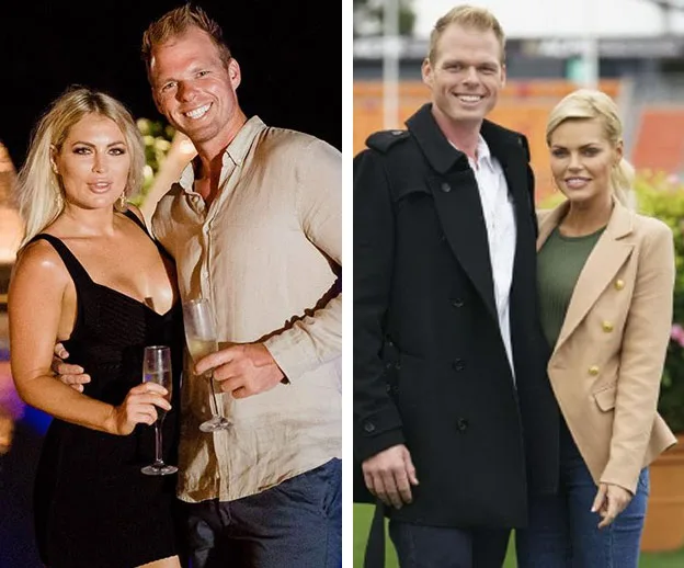 Couple on left holding champagne; man and different woman smiling on right in outdoor setting.