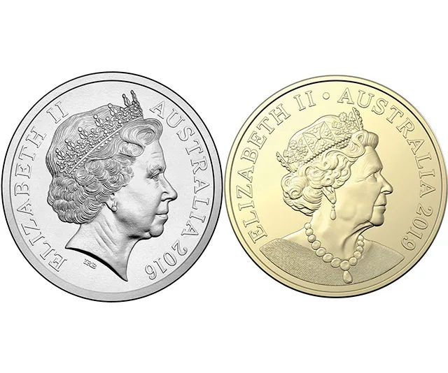 Two Australian coins with profiles of Queen Elizabeth II, dated 2016 and 2019, featuring detailed crowns and jewelry.