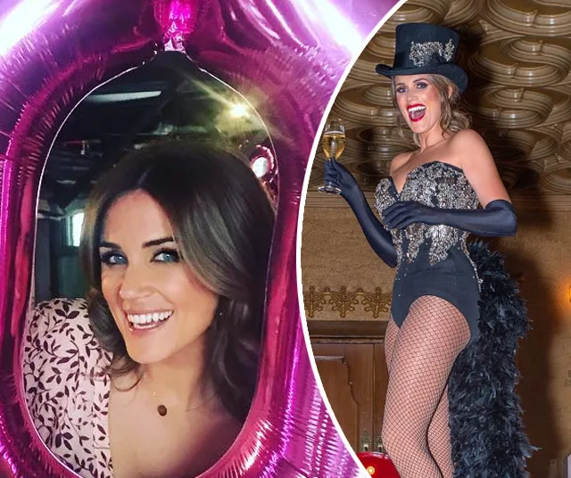 Georgia Love celebrates 30th birthday; left: smiling in frame balloon, right: dressed in burlesque outfit with champagne.