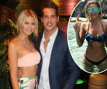 A smiling couple poses indoors; inset shows a woman in a bikini standing in water, wearing sunglasses.