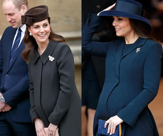 Kate Middleton in elegant maternity coats with hats at formal events.