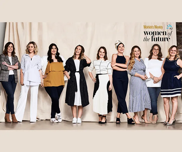 Nine women stand in a line, smiling, as part of the Women of the Future 2018 winners group.