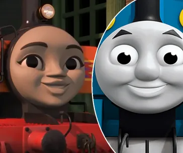 Two animated trains from "Thomas & Friends" series. One is red with a friendly face, the other is blue with a smiling face.