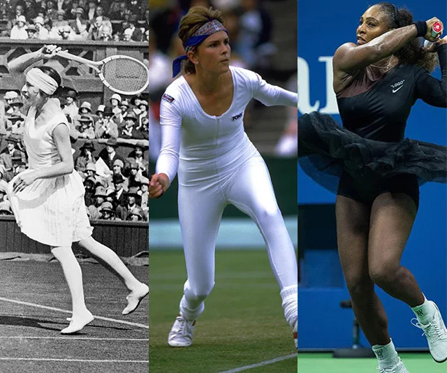 Three iconic tennis fashion moments: 1920s dress, 1980s unitard, and modern tutu outfit on court.