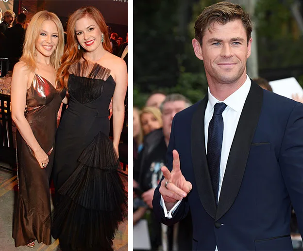 Kylie Minogue, Isla Fisher in elegant gowns; Chris Hemsworth in a suit, attends GQ Awards event.