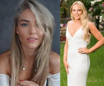 Two side-by-side portraits of a woman with long blonde hair, in casual and formal attire.