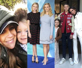 "Mothers posing with their children; three warm family moments featuring smiles and stylish outfits."