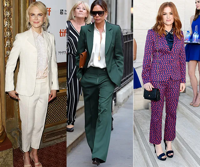 Three women in stylish pant suits: cream, green, and purple with red patterns, each paired with heels and accessories.