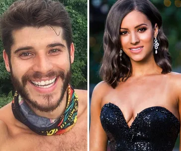 A smiling man with a beard outdoors and a woman in a black sequin dress with earrings, both posing for the camera.