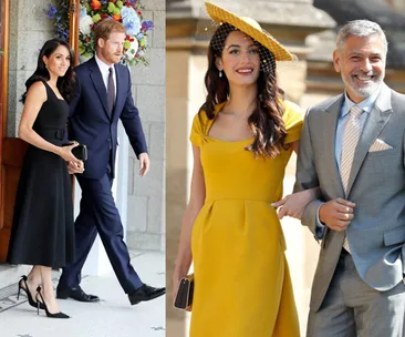 Royal couple in formal attire on left, couple in yellow and gray on right, outdoors at an event.