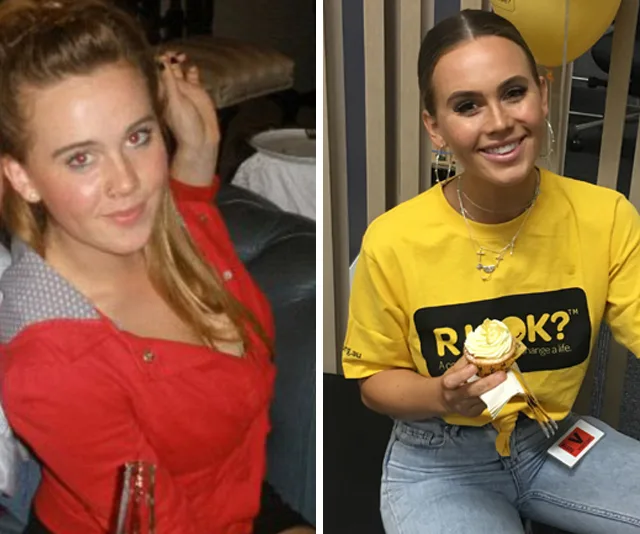 Two side-by-side photos of a woman; on the left in a red blouse, on the right in an R U OK? yellow shirt with a cupcake.