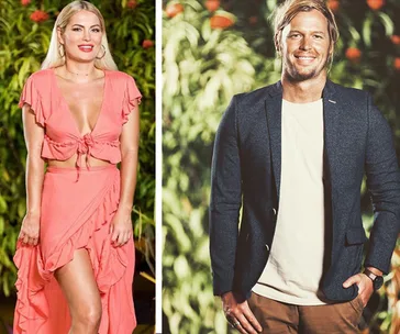 Two individuals outdoors; a woman in a pink dress and a man in a blazer.