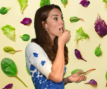 A woman in a blue floral dress with a surprised expression amid a background of floating leafy greens.